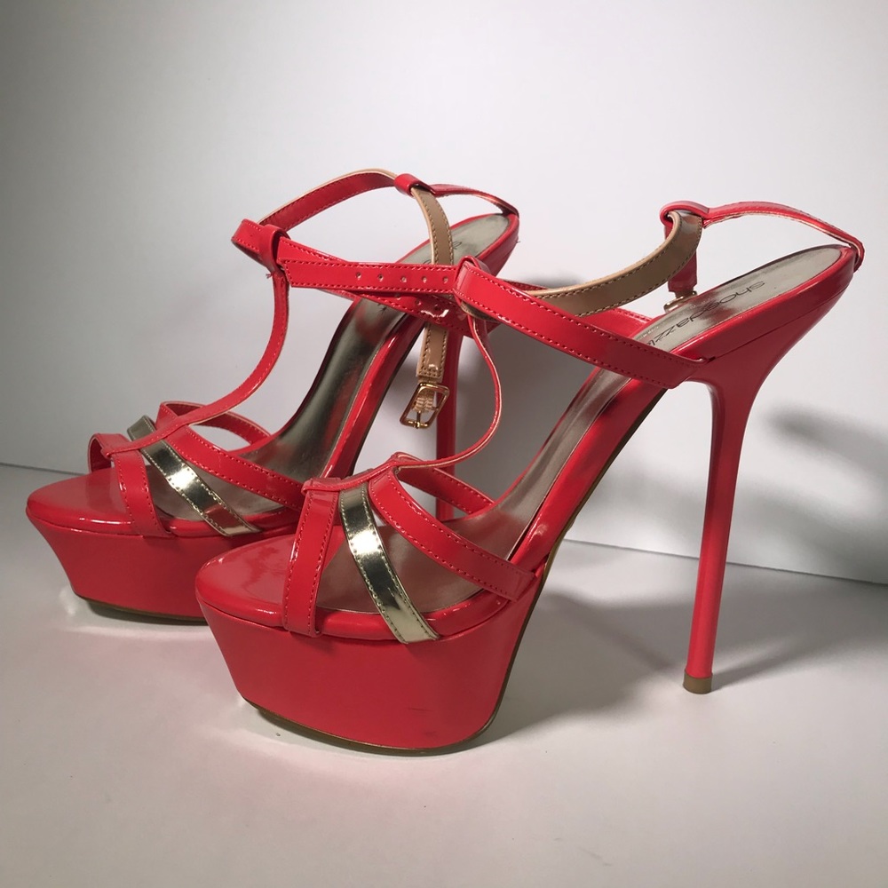 Bright coral & gold heels